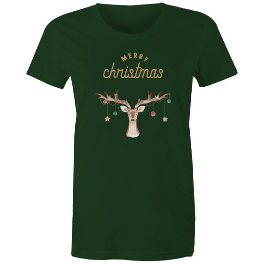 Merry Christmas Reindeer - Womens T-shirt Forest Green Christmas Womens T-shirt Merry Christmas