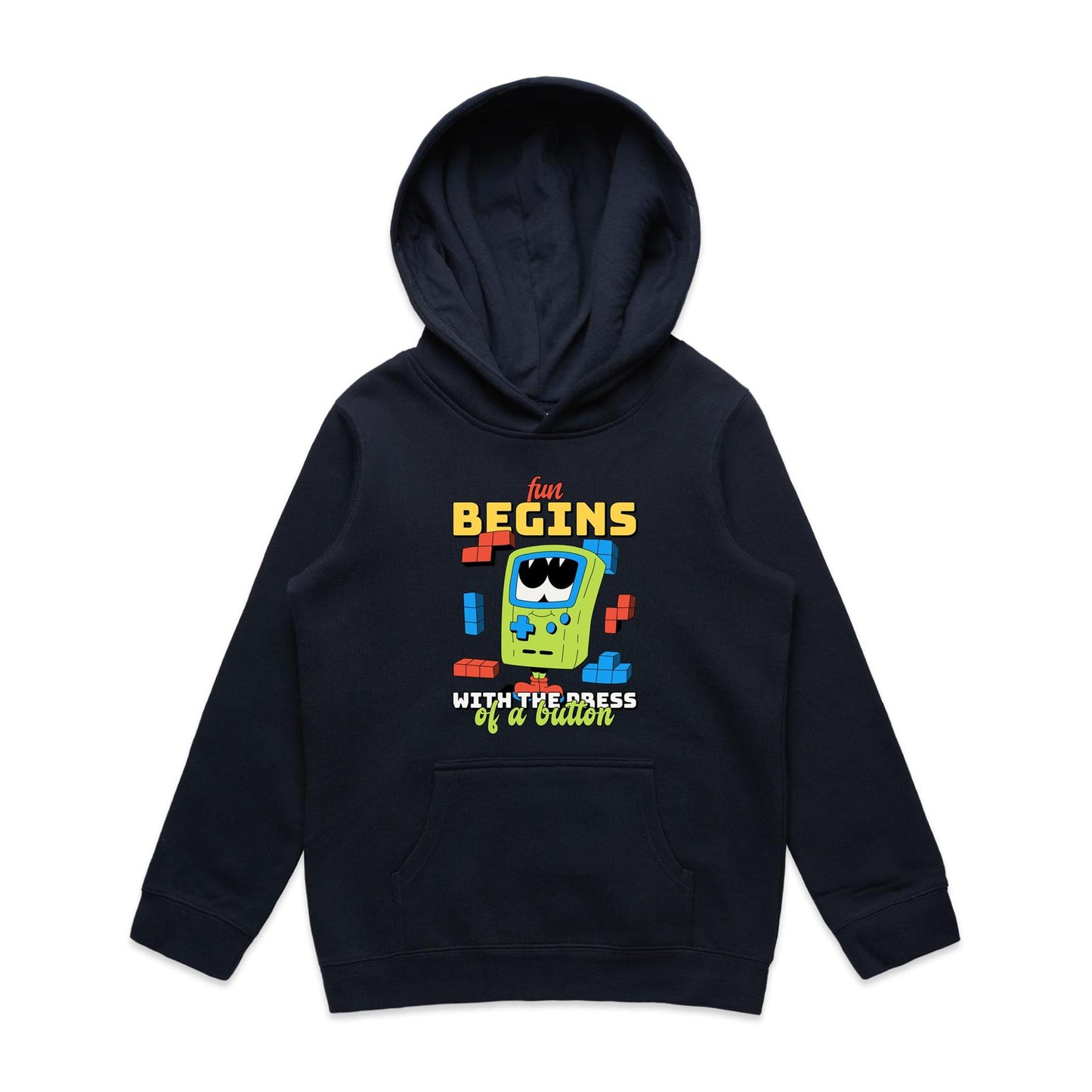 Fun Begins With The Press Of A Button, Games - Youth Supply Hood Navy Kids Hoodie Games
