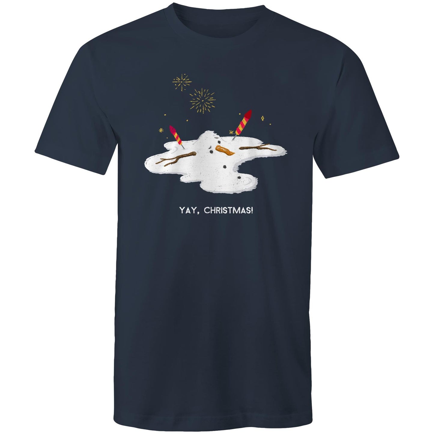 Melting Snowman, Yay Christmas - Mens T-Shirt Navy Mens Christmas T-shirt Christmas Printed In Australia