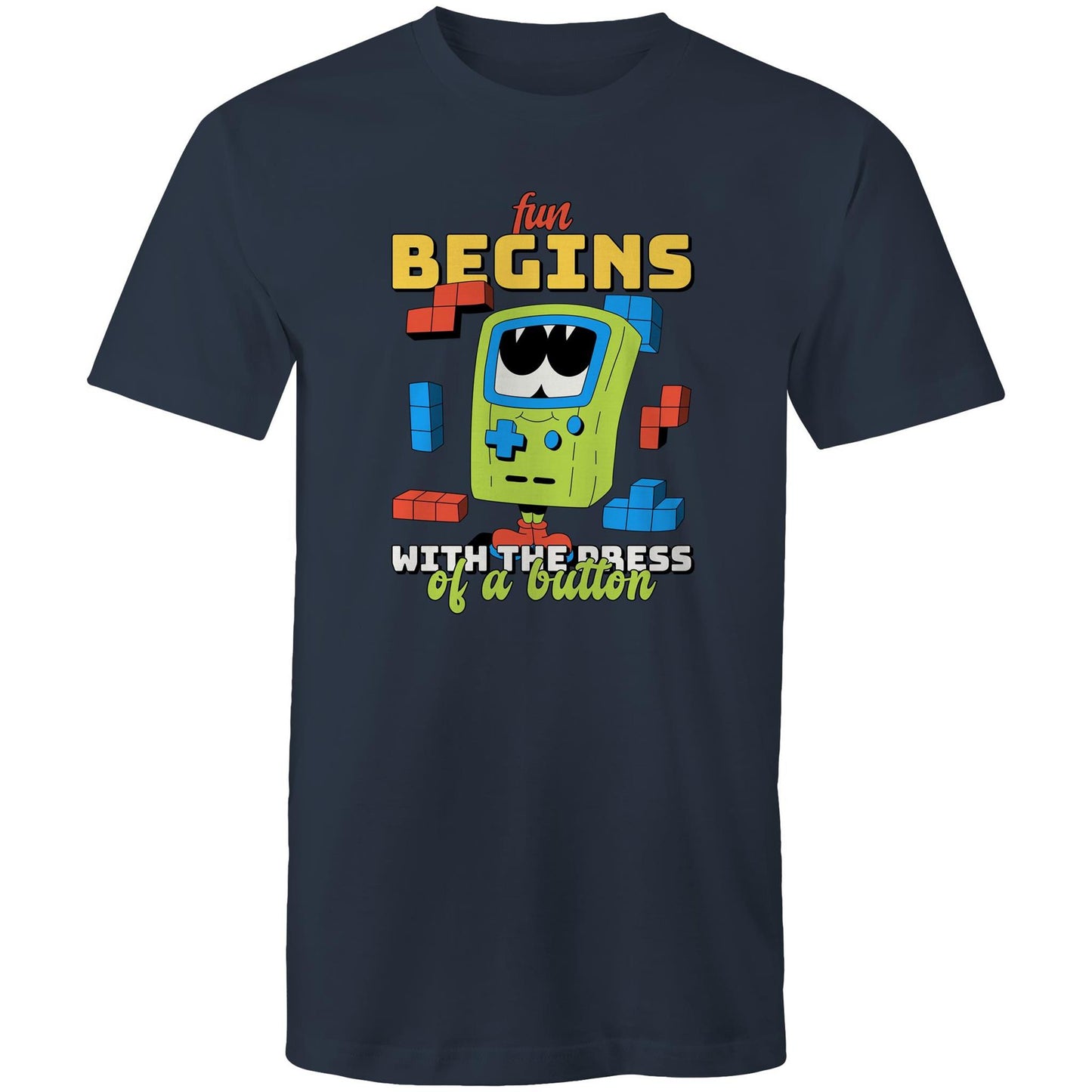 Fun Begins With The Press Of A Button, Video Game - Mens T-Shirt Navy Mens T-shirt Games Printed In Australia