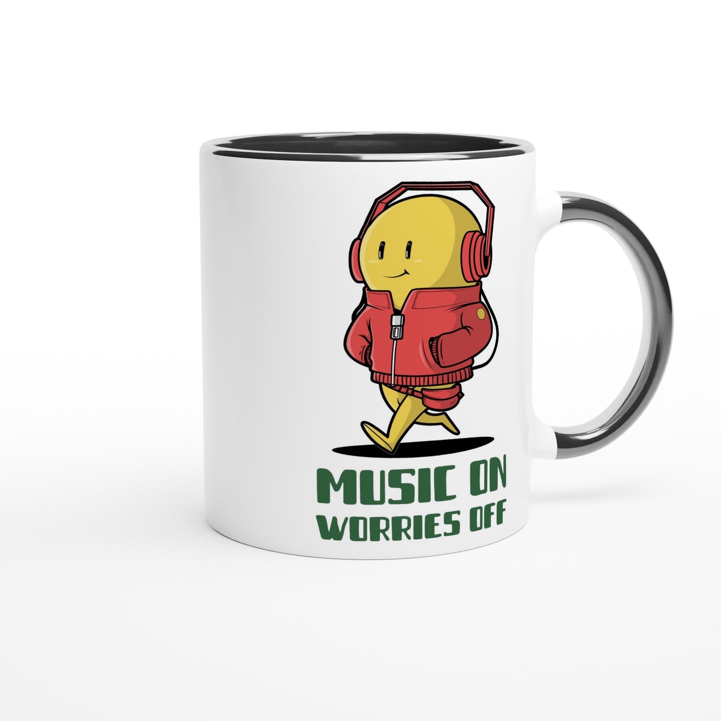 Music On, Worries Off - White 11oz Ceramic Mug with Colour Inside Colour 11oz Mug Music