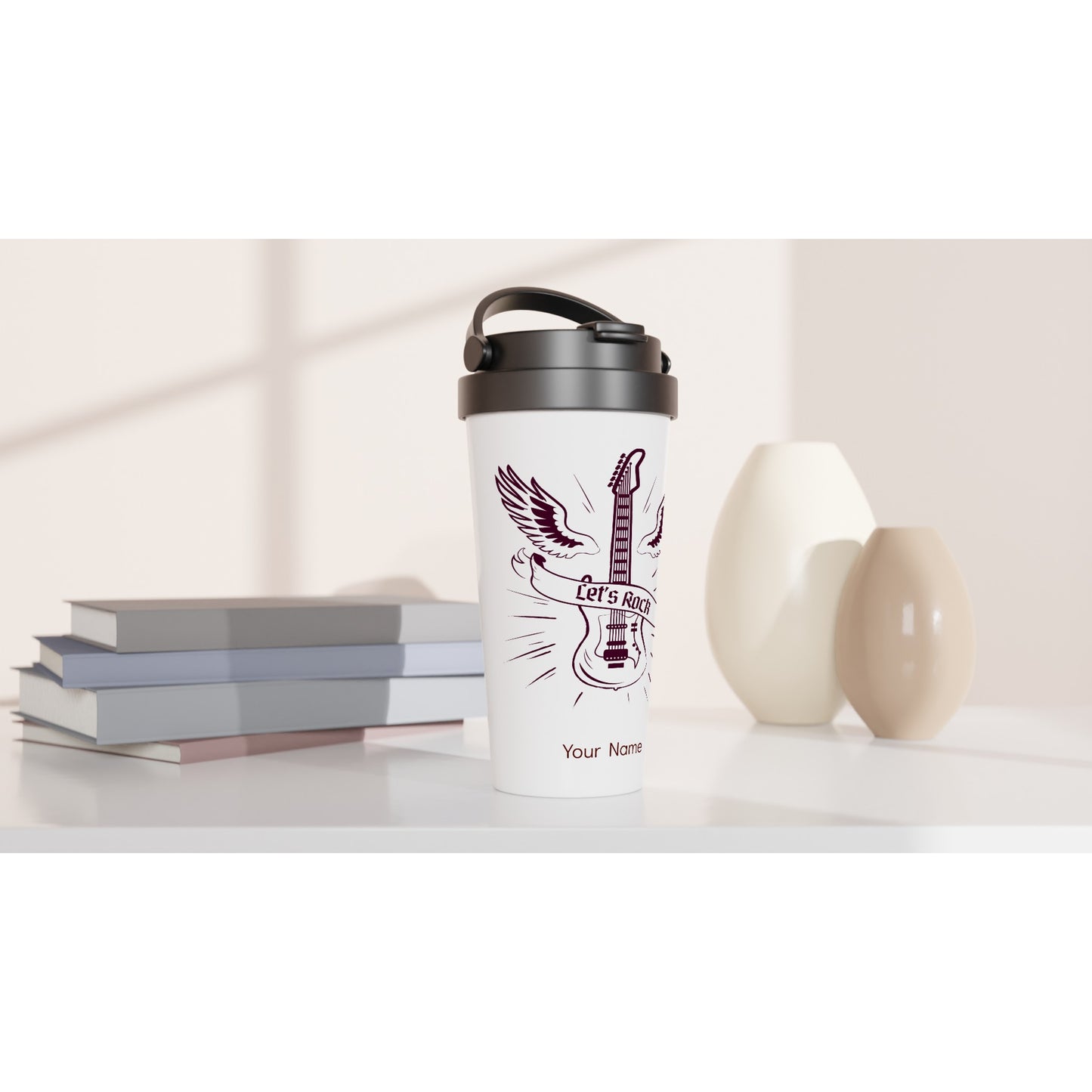 Personalised - Let's Rock - White 15oz Stainless Steel Travel Mug Personalised Travel Mug