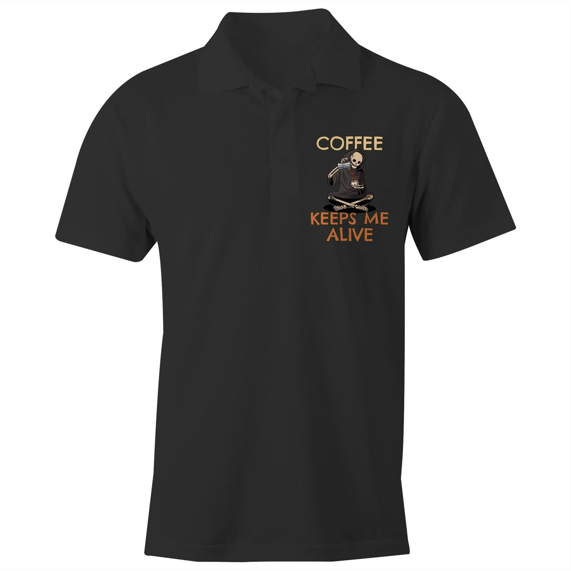 Skeleton, Coffee Keeps Me Alive - Chad S/S Polo Shirt, Printed Black Polo Shirt Coffee