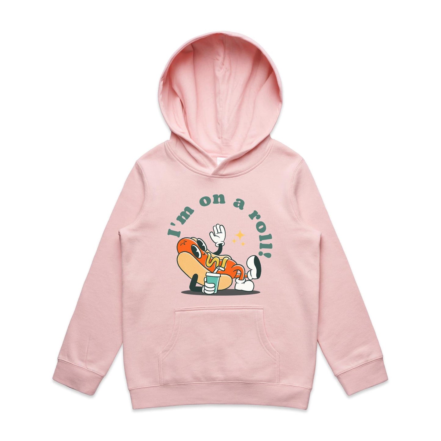 Hot Dog, I'm On A Roll - Youth Supply Hood Pink Kids Hoodie Food Retro