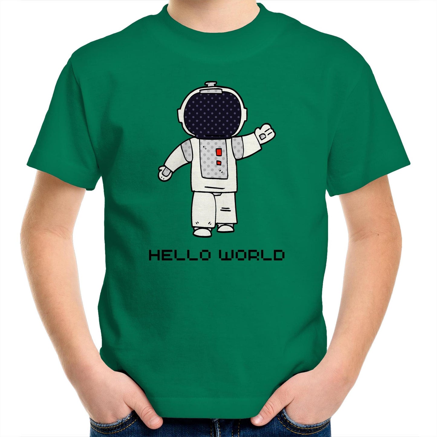 Astronaut, Hello World - Kids Youth T-Shirt Kelly Green Kids Youth T-shirt Space