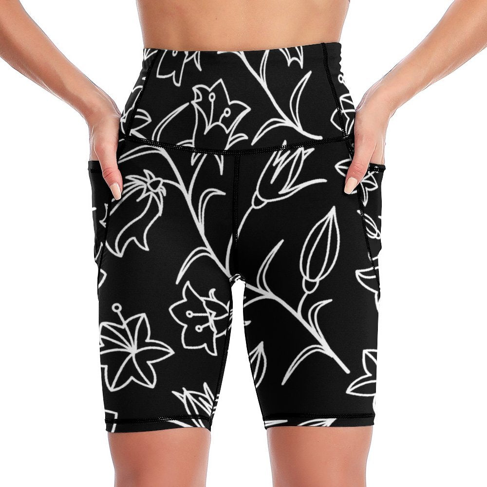 Black And White Floral - Womens Knee-Length Yoga Shorts White Yoga Shorts Plants Printed Offshore