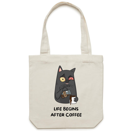 Life Begins After Coffee, Cat - Canvas Tote Bag