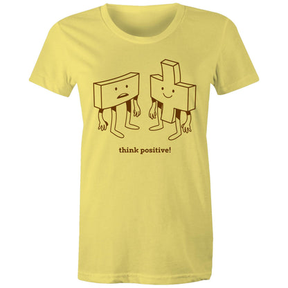 Think Positive, Plus And Minus - Womens T-shirt Yellow Womens T-shirt Maths Motivation