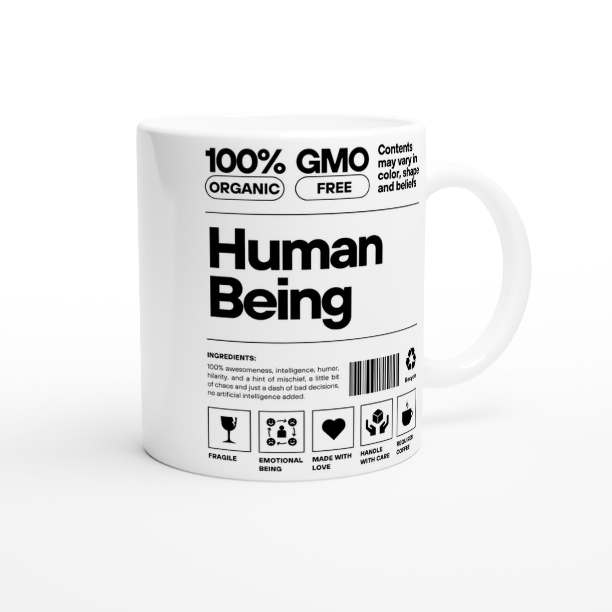 Human Being Product Label, Definition - White 11oz Ceramic Mug White 11oz Mug Funny Globally Fulfilled