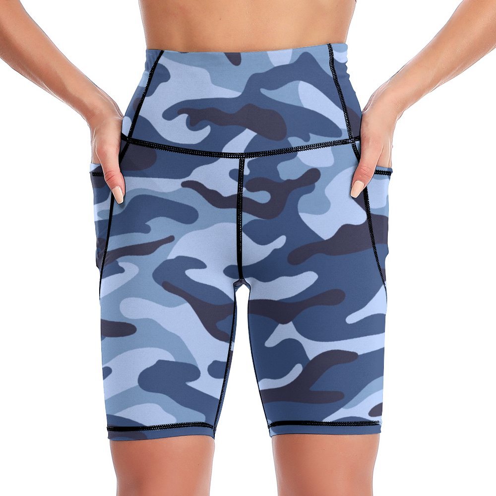 Blue Camouflage - Womens Knee-Length Yoga Shorts White Yoga Shorts