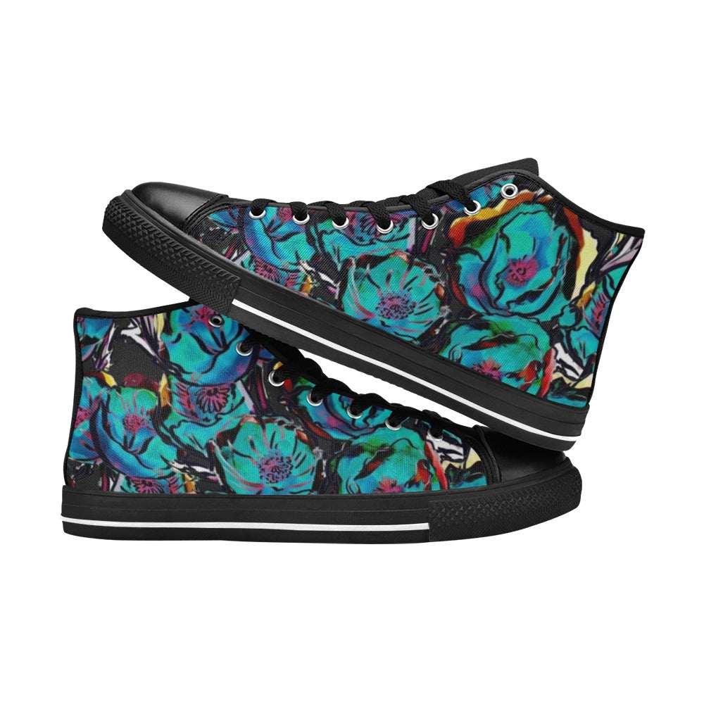 Flower It Blue - Women's High Top Canvas Shoes