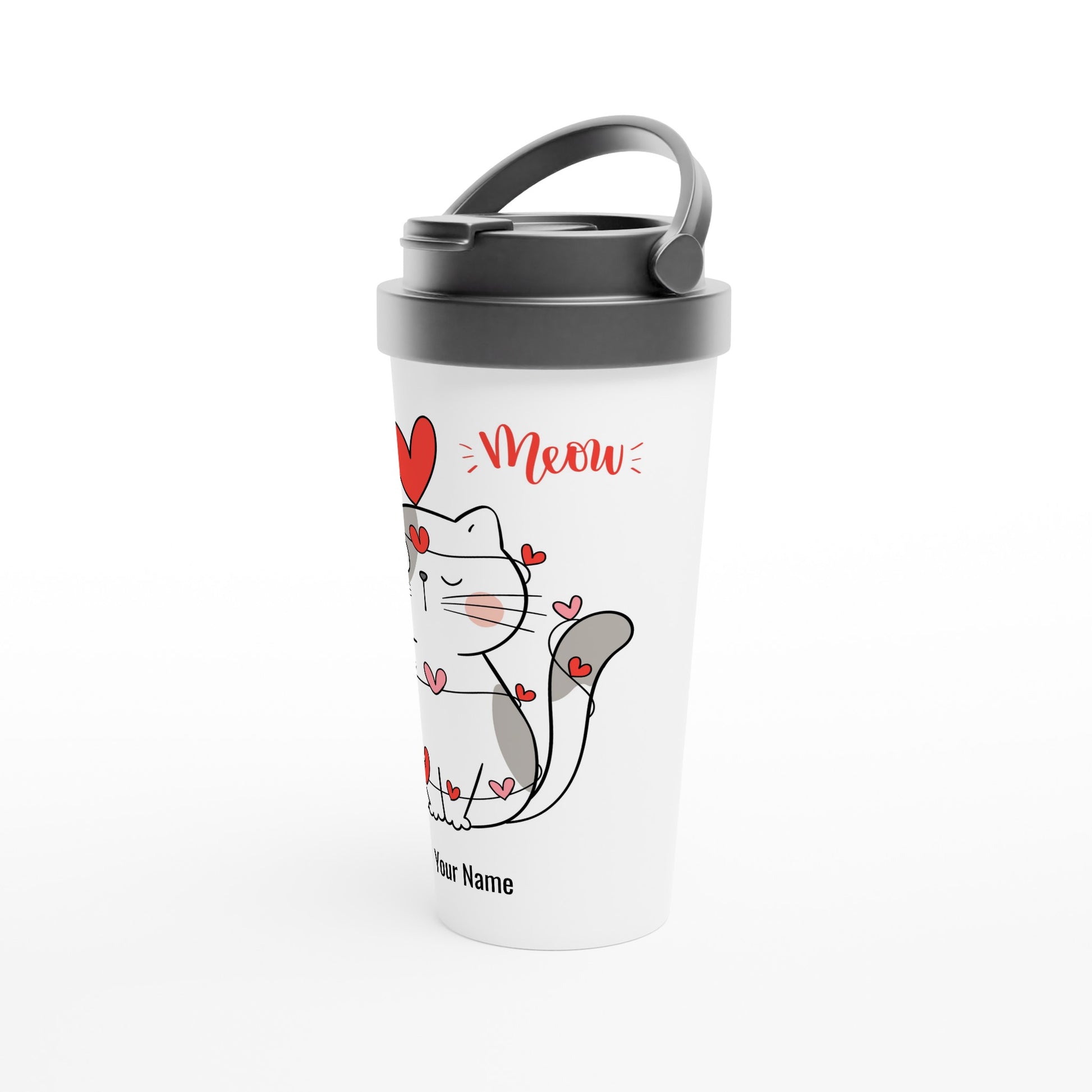 Personalised - Cat Heart Meow - White 15oz Stainless Steel Travel Mug Personalised Travel Mug animal Love