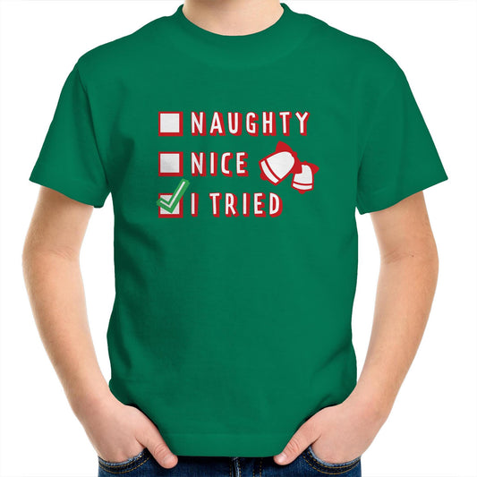 Naughty, Nice, I Tried, Santa's Christmas List - Kids Youth T-Shirt