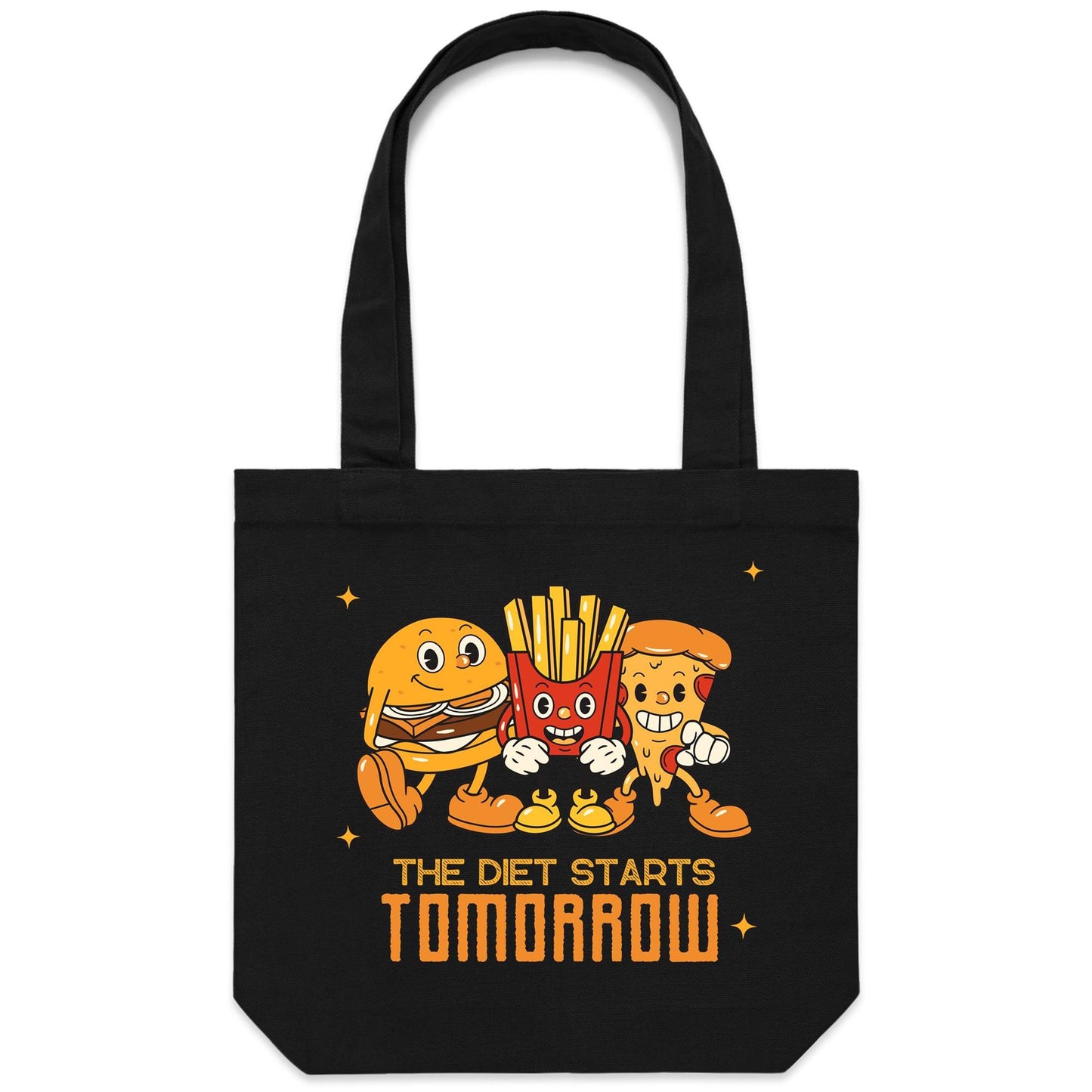 The Diet Starts Tomorrow, Hamburger, Fries, Pizza - Canvas Tote Bag Black One Size Tote Bag Printed In Australia