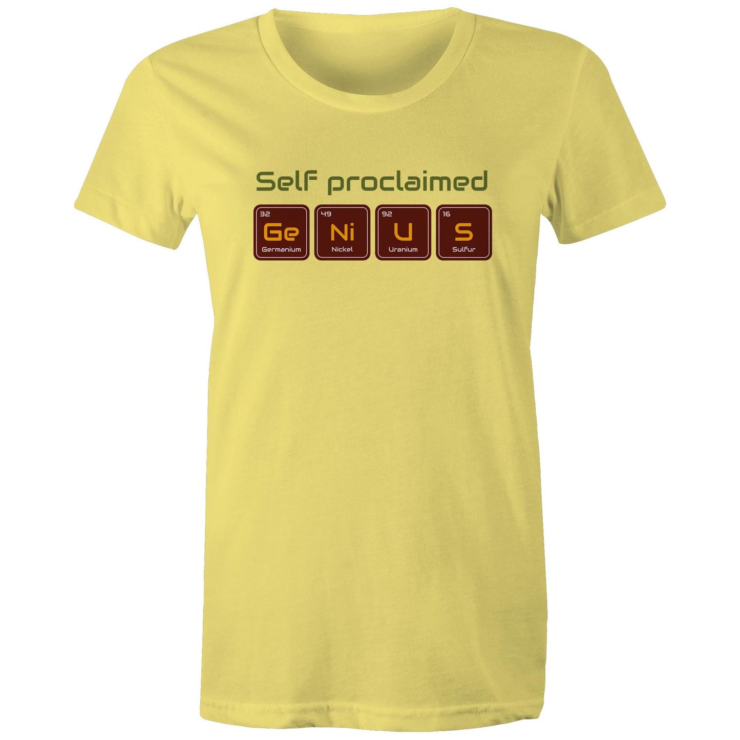Self Proclaimed Genius, Periodic Table - Womens T-shirt Yellow Womens T-shirt Science
