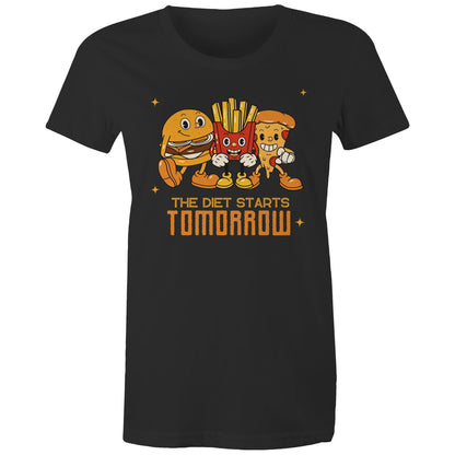 The Diet Starts Tomorrow, Hamburger, Fries, Pizza - Womens T-shirt