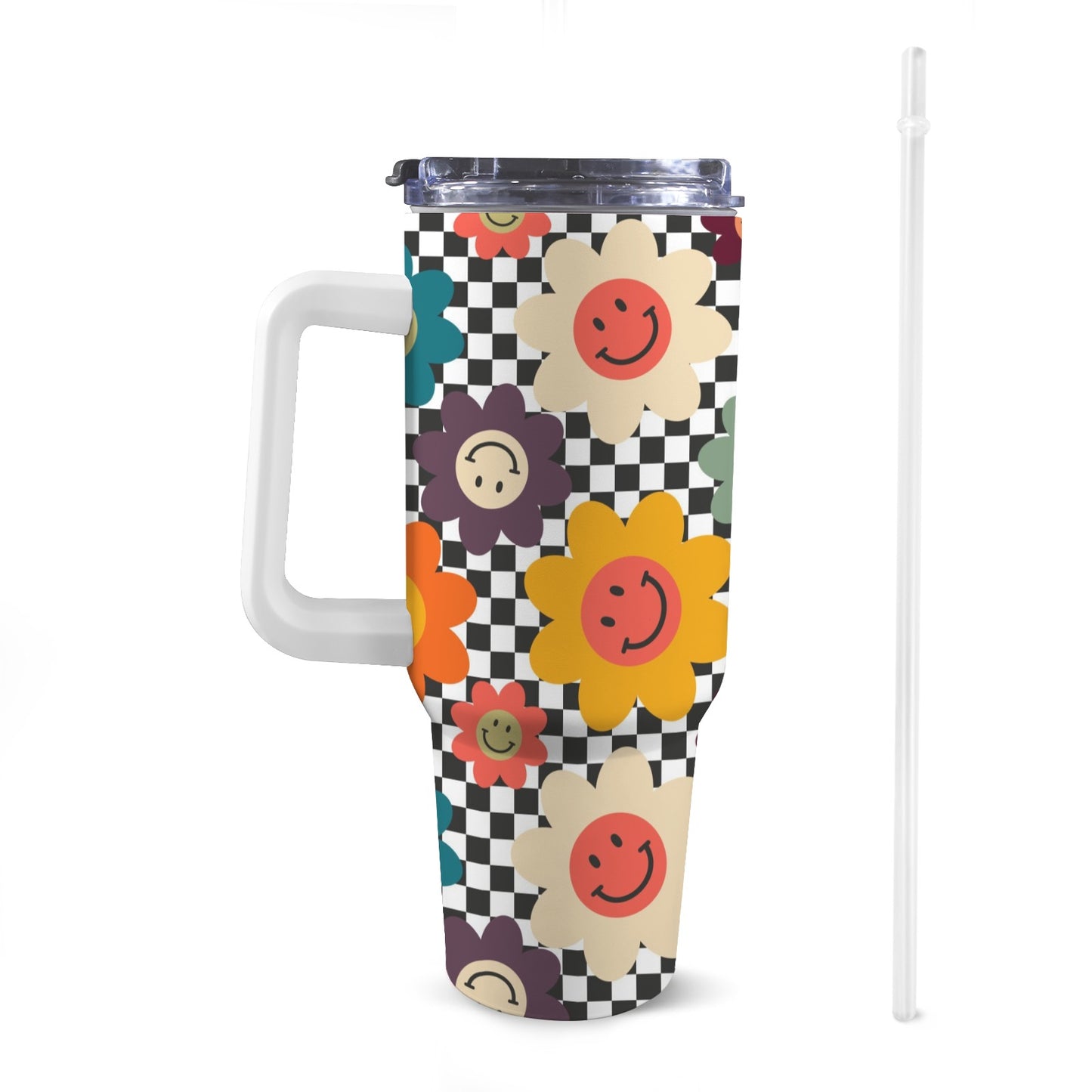 Happy Retro Flowers - 40oz Tumbler with White Handle