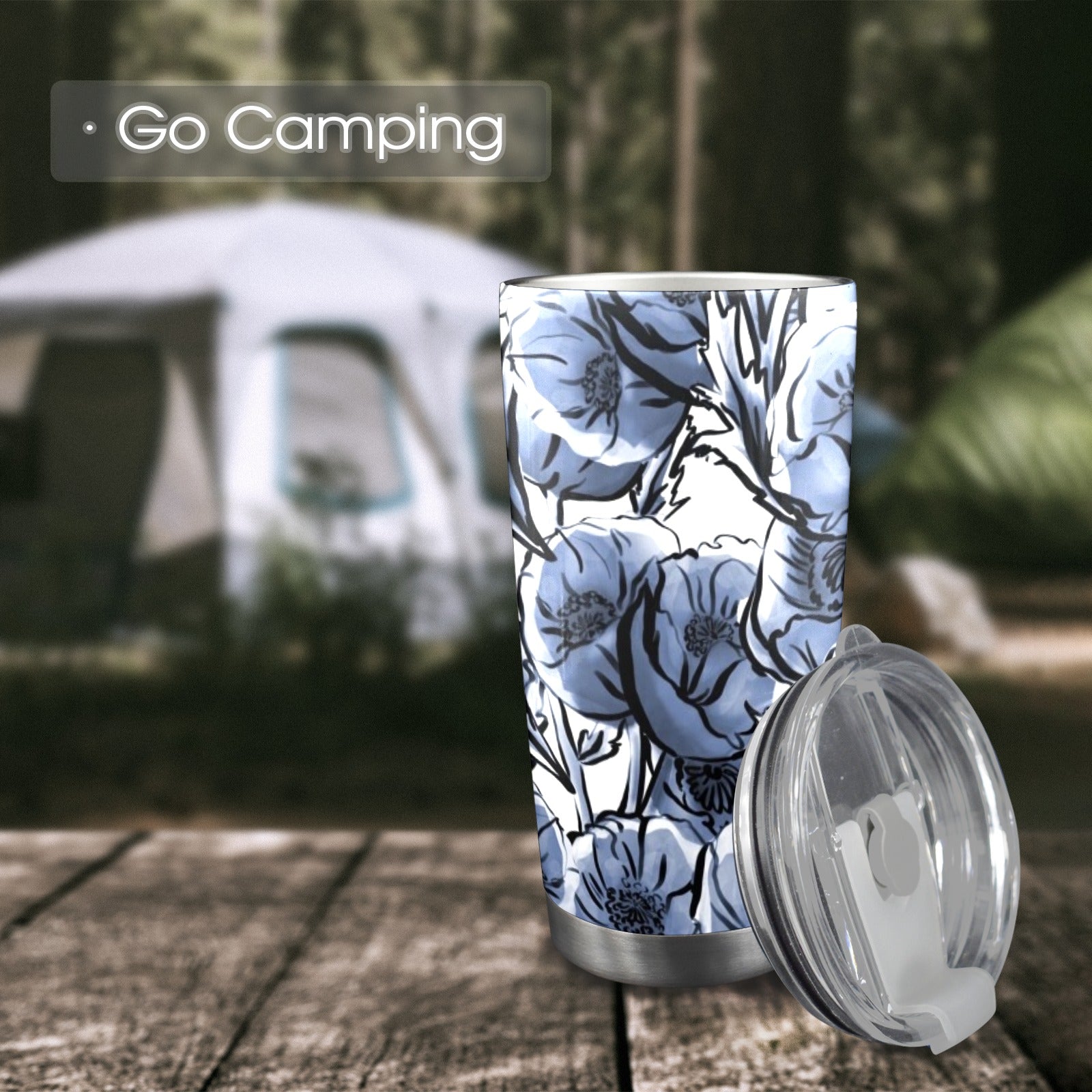 Blue And White Floral - 20oz Travel Mug with Clear Lid Clear Lid Travel Mug Plants Printed Offshore