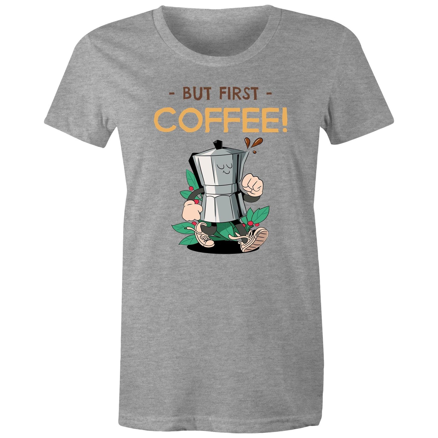 But First Coffee - Womens T-shirt Grey Marle Womens T-shirt Coffee Retro