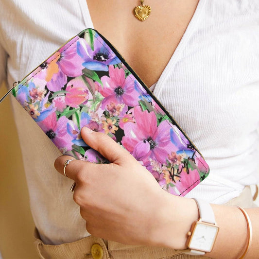 Bright Pink Floral - Leather Wallet / Purse