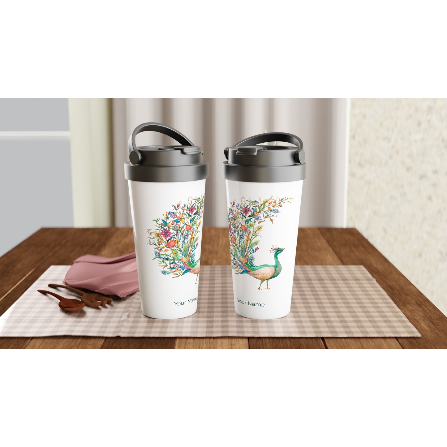 Personalised - Flower Peacock - White 15oz Stainless Steel Travel Mug Personalised Travel Mug animal coffee