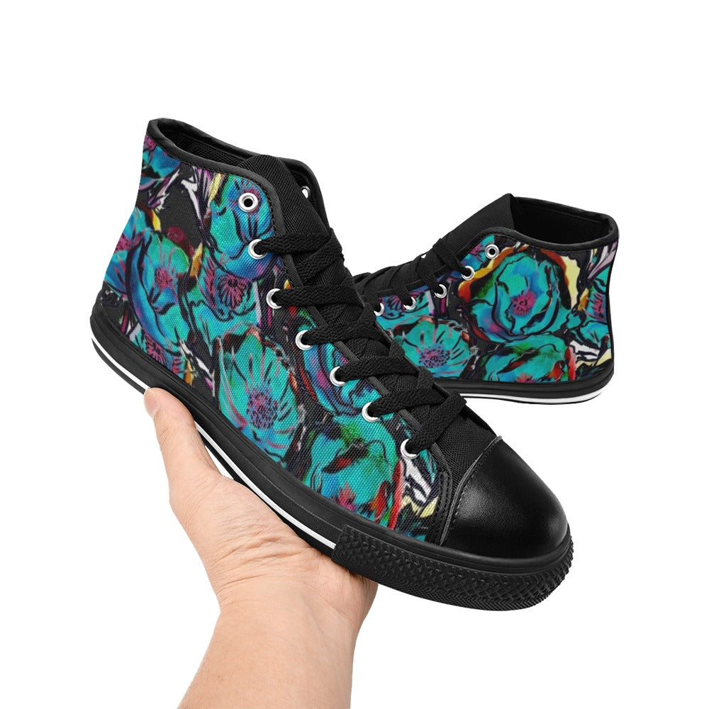 Flower It Blue - Women's High Top Canvas Shoes