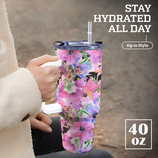 Bright Pink Floral - 40oz Tumbler with White Handle