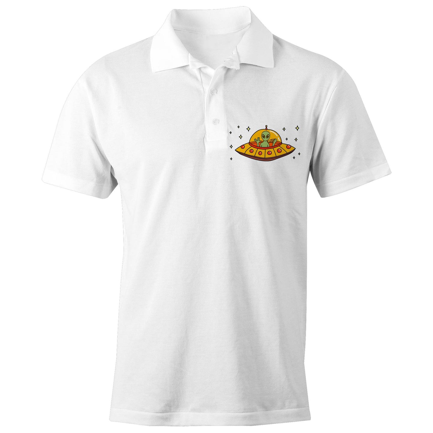 Alien Pizza - Chad S/S Polo Shirt, Printed White Polo Shirt Food Sci Fi
