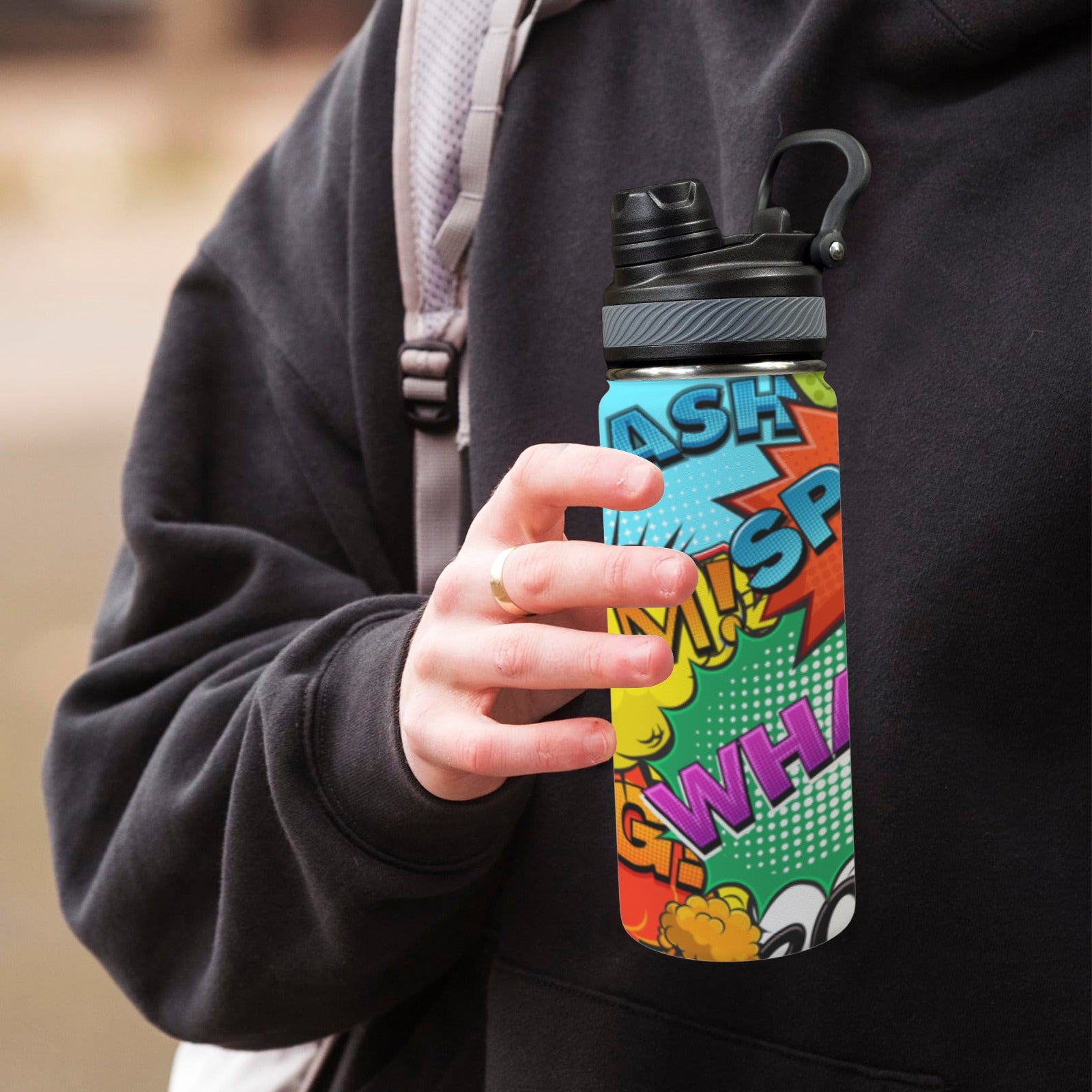 Comic Book 2 - Insulated Water Bottle with Dual-Use Lid (18oz) Insulated Water Bottle with Dual-Use Lid (18oz) comic Printed Offshore