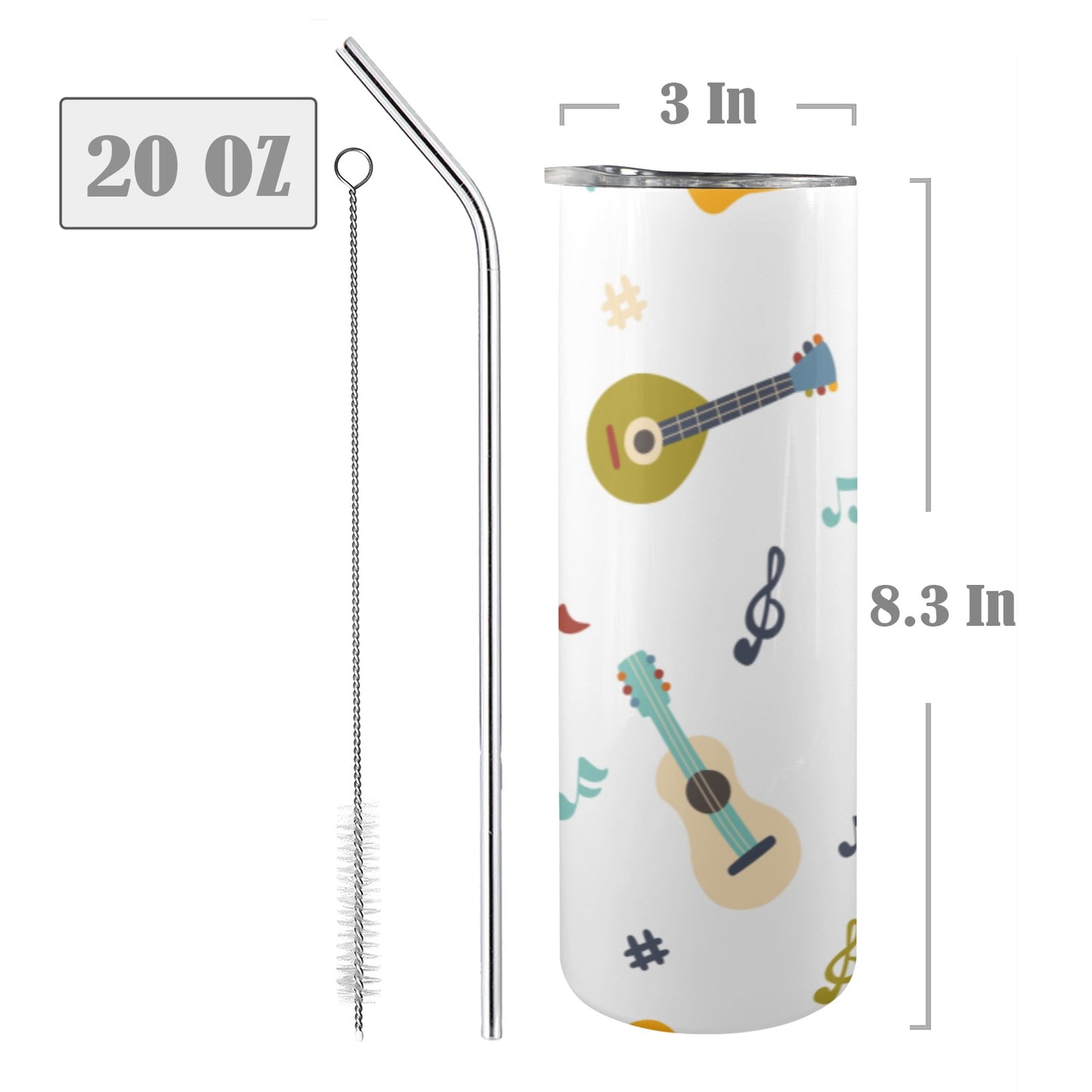 Guitar Music - 20oz Tall Skinny Tumbler with Lid and Straw