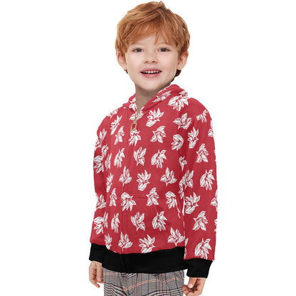 Red Retro Foliage, Hawaiian Flower - Junior Boys Zip Up Hoodie