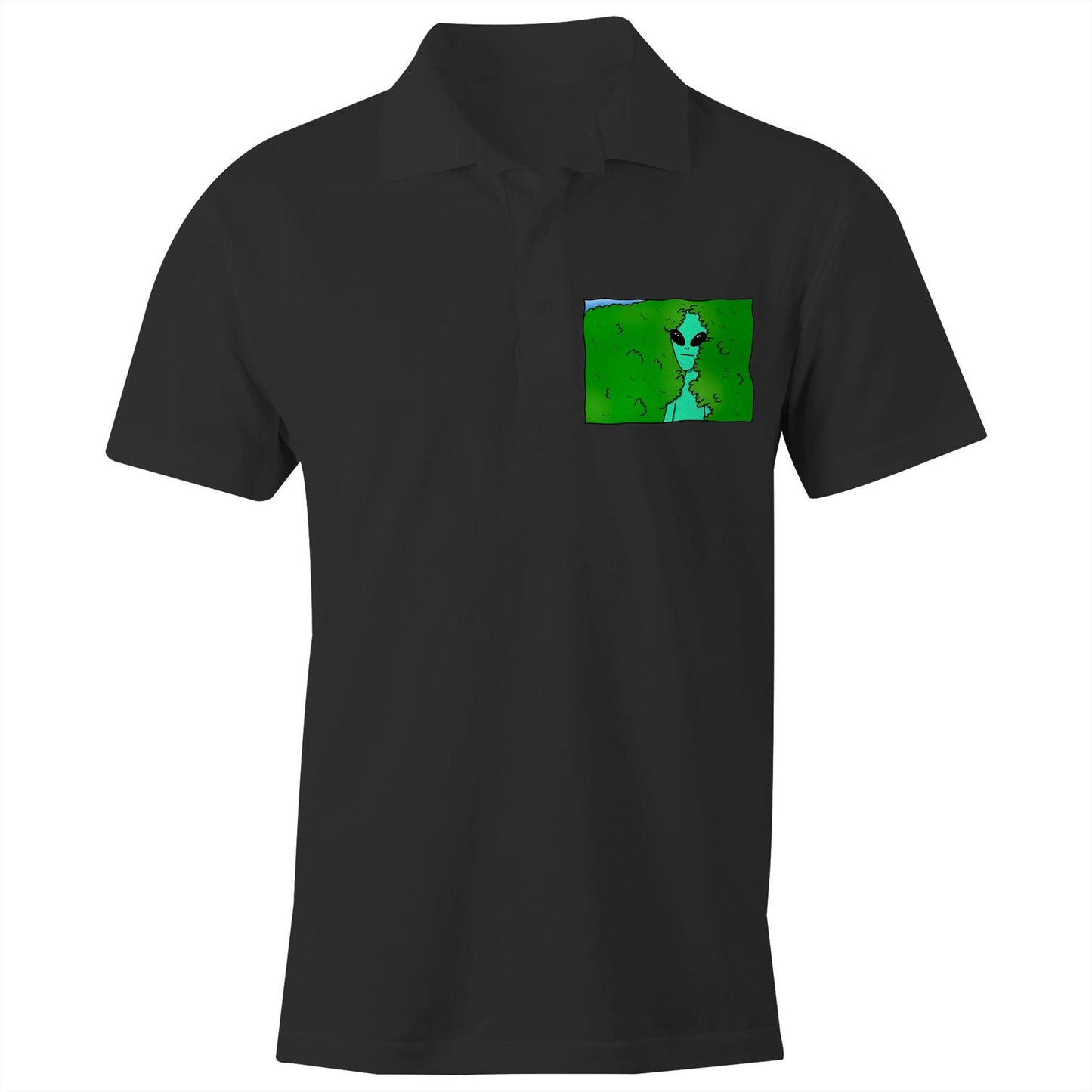 Alien Backing Into Hedge Meme - Chad S/S Polo Shirt Black Polo Shirt Funny Sci Fi