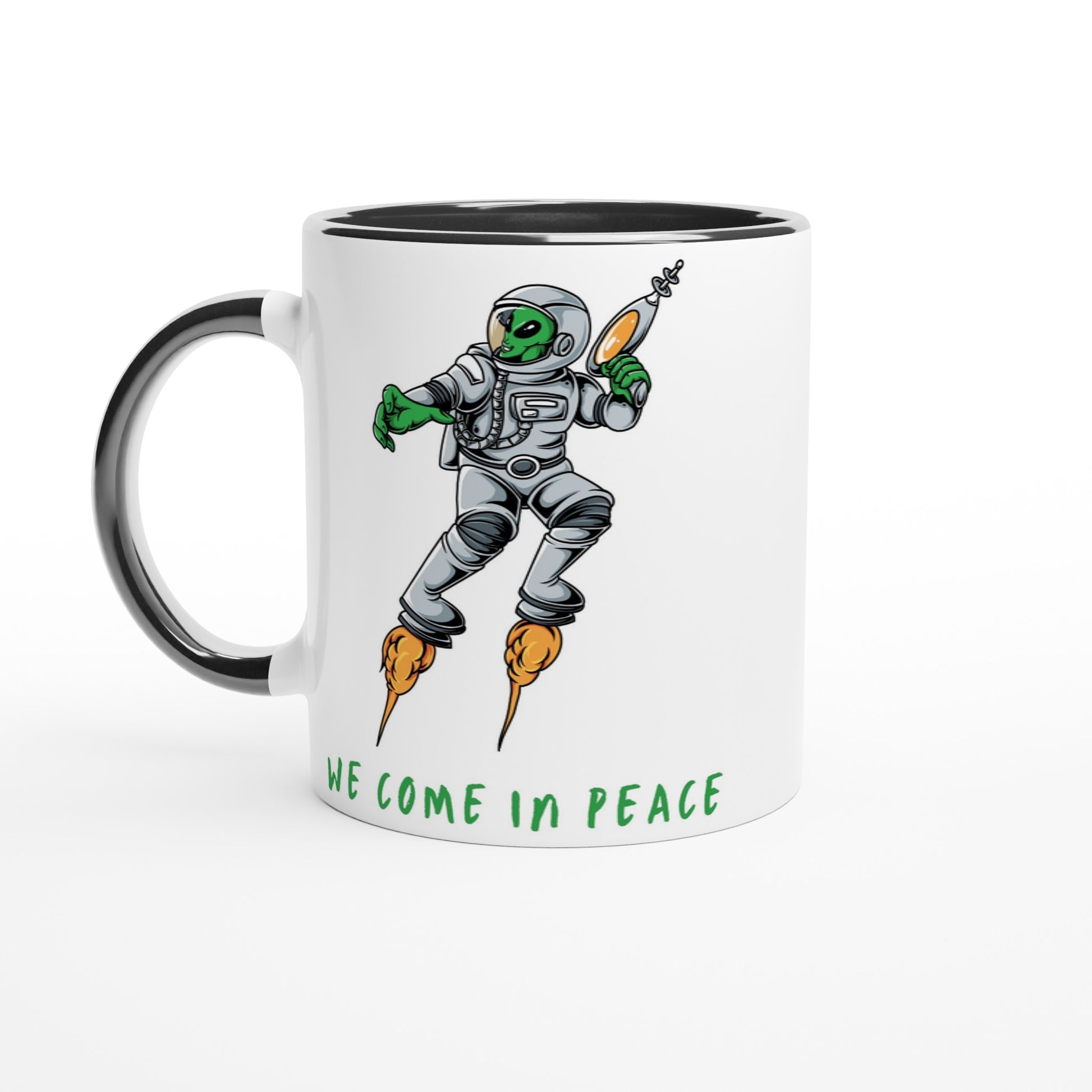 Alien, We Come In Peace - White 11oz Ceramic Mug with Colour Inside Ceramic Black Colour 11oz Mug funny Globally Fulfilled Sci Fi