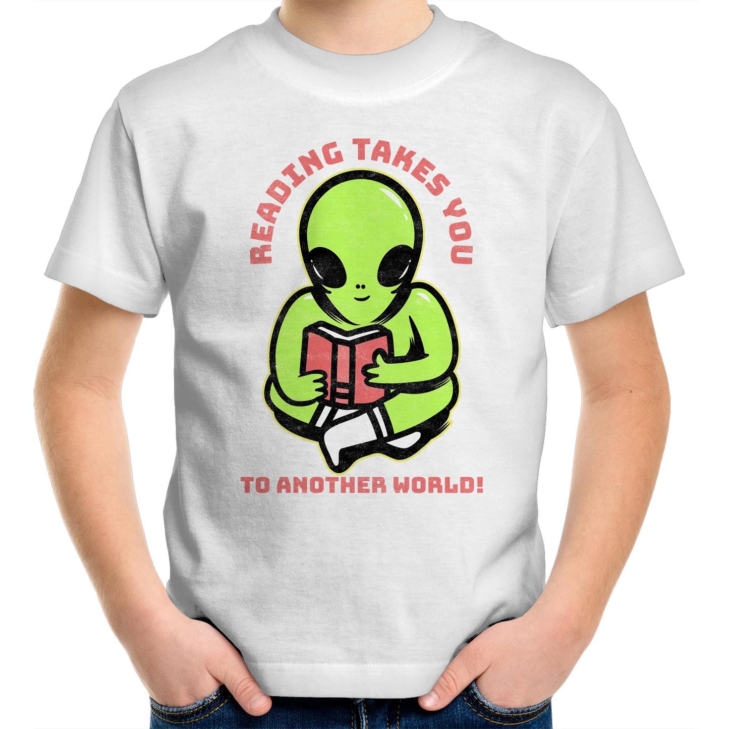 Reading Takes You To Another World, Alien - Kids Youth T-Shirt White Kids Youth T-shirt Reading Sci Fi