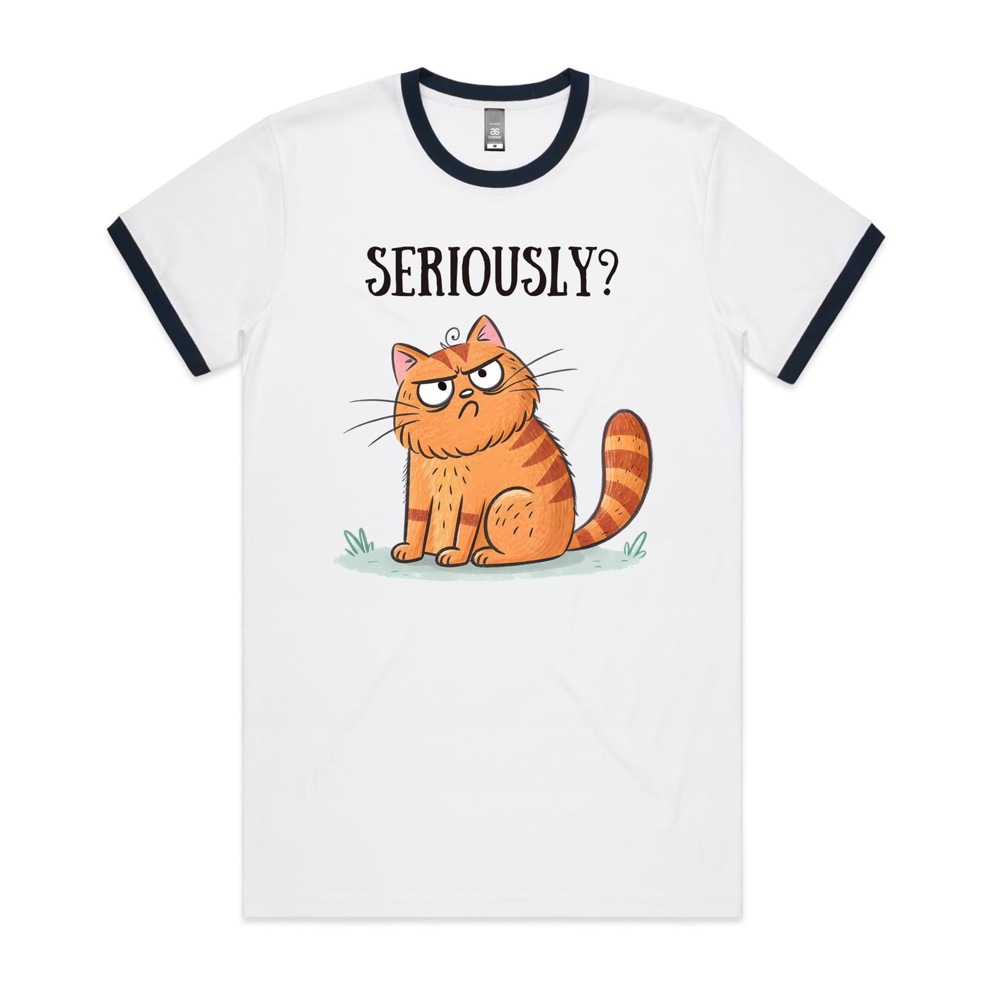 Cat Seriously? - Staple Ringer Tee White Navy Ringer T-Shirt animal Printed In Australia