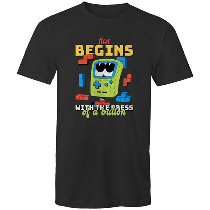 Fun Begins With The Press Of A Button, Video Game - Mens T-Shirt Black Mens T-shirt Games Printed In Australia