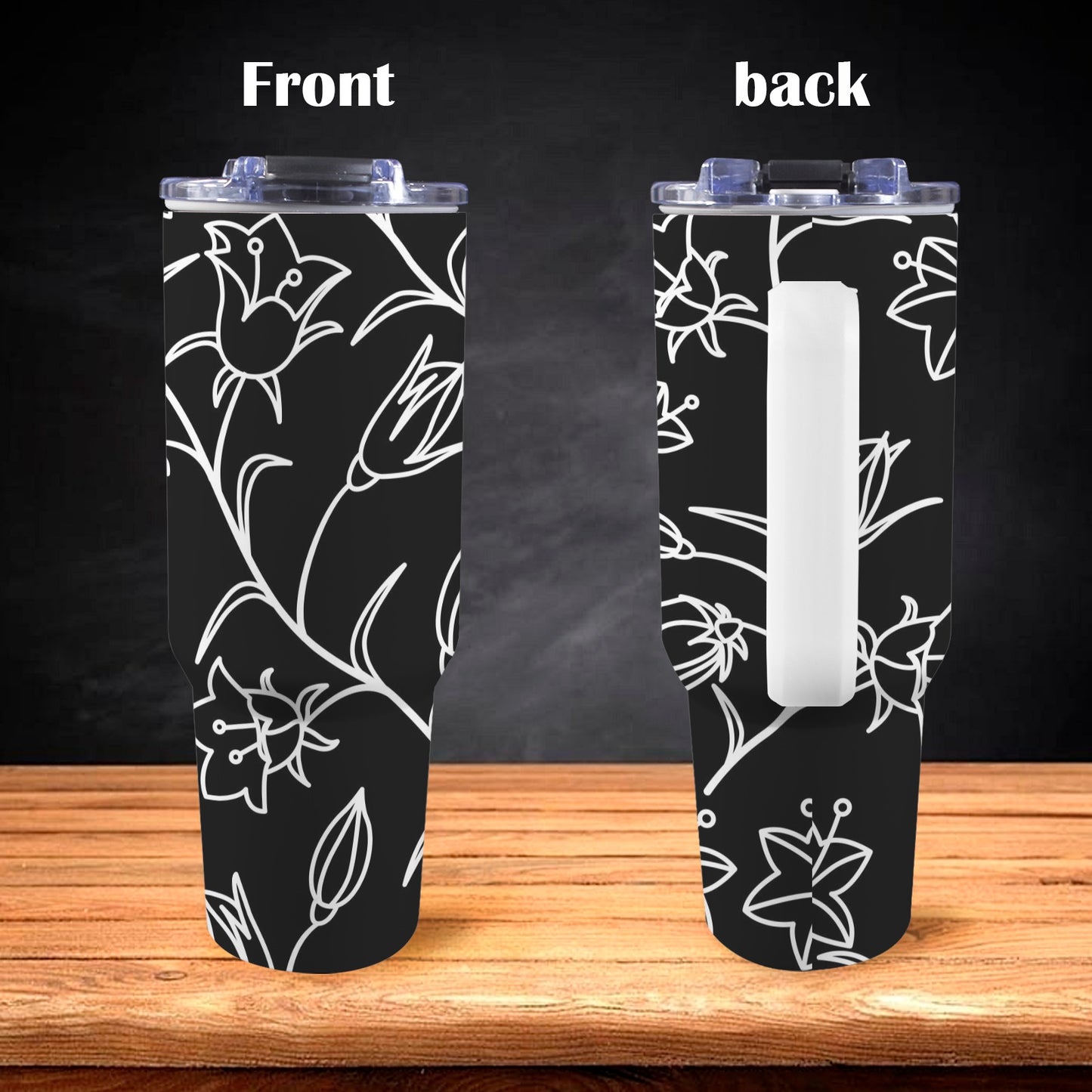 Black And White Floral - 40oz Tumbler with White Handle