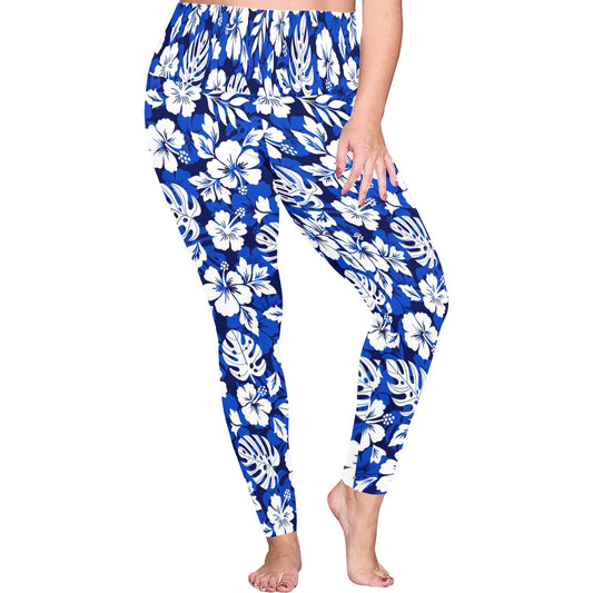 Blue Hawaiian Floral - Womens High Waist Leggings (Sizes 16-22)