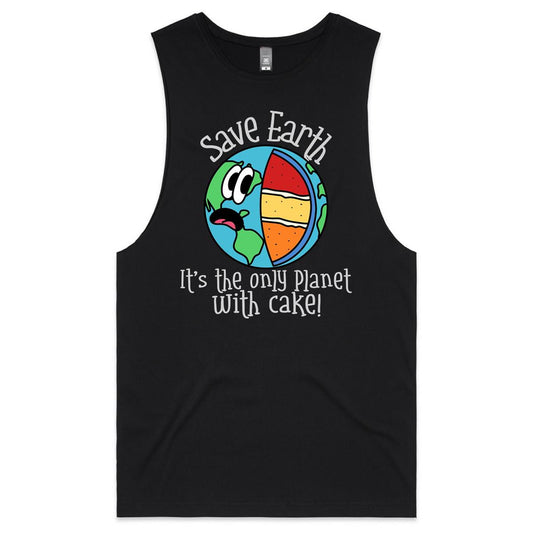 Save Earth, It's The Only Planet With Cake - Mens Tank Top Tee Black Mens Tank Tee