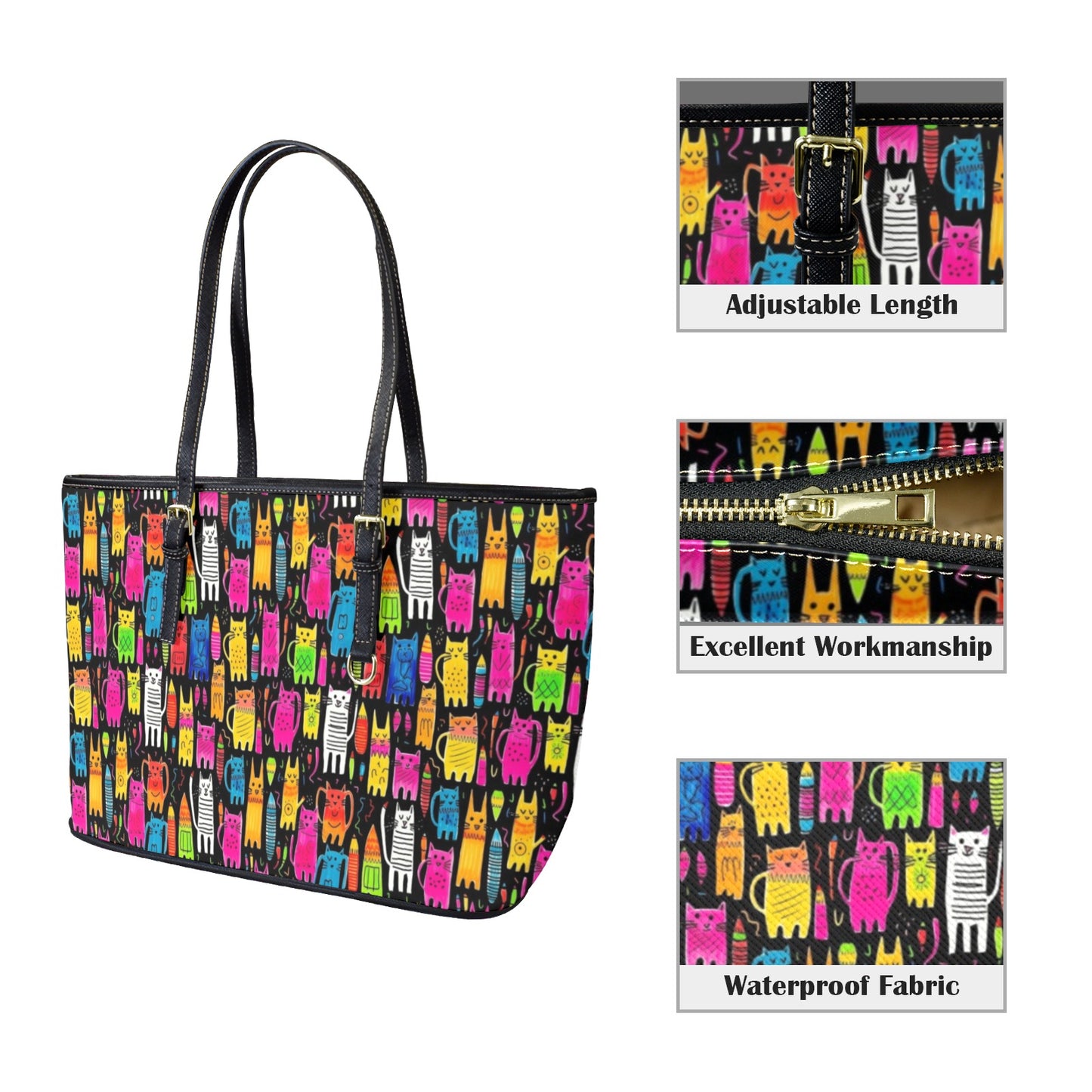 Colourful Cats - Leather Tote Bag-Large