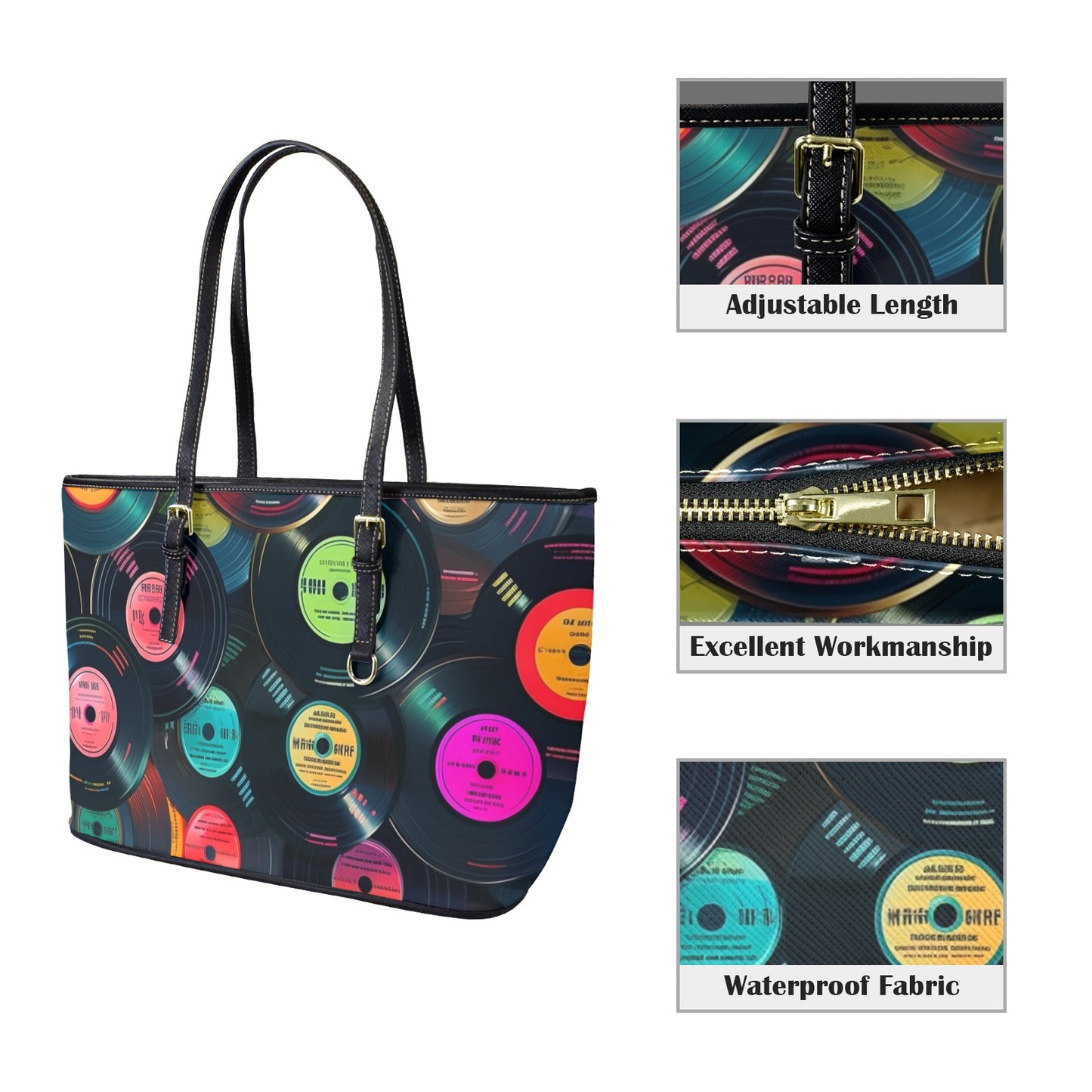 Retro Vinyl Records - Leather Tote Bag-Large