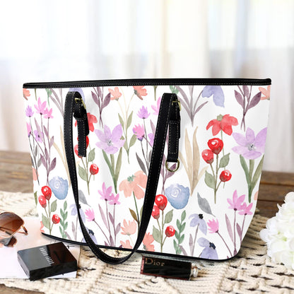 Floral Watercolour - Leather Tote Bag-Large