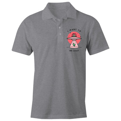 UFO, I Want To Be-Leaf - Chad S/S Polo Shirt, Printed Grey Marle Polo Shirt Sci Fi