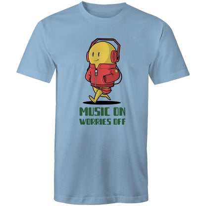 Music On, Worries Off - Mens T-Shirt Carolina Blue Mens T-shirt Music Printed In Australia