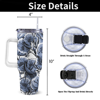 Blue And White Floral - 40oz Tumbler with White Handle