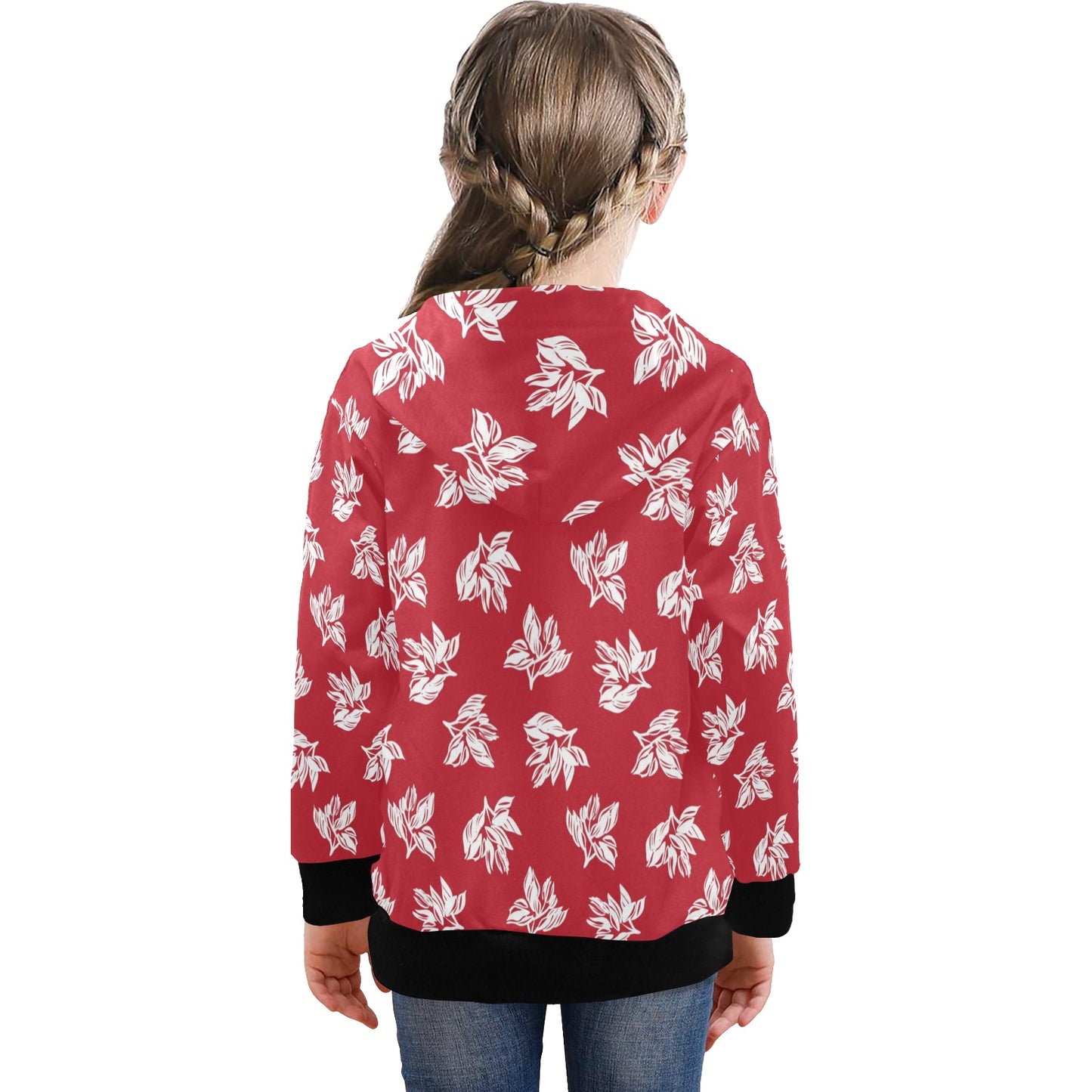 Red Retro Foliage, Hawaiian Flower - Senior Girls Zip Up Hoodie