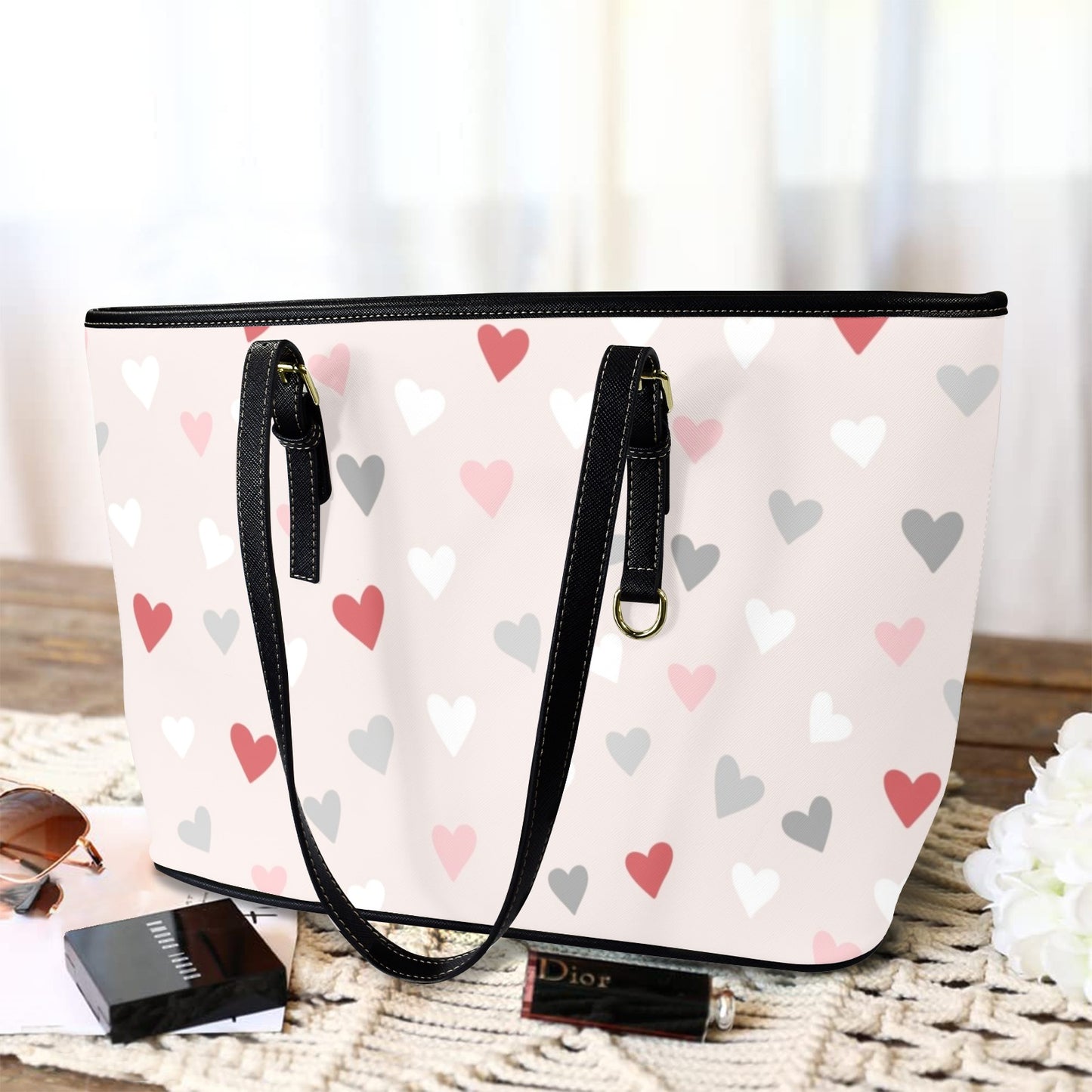 Pretty Hearts - Leather Tote Bag-Large