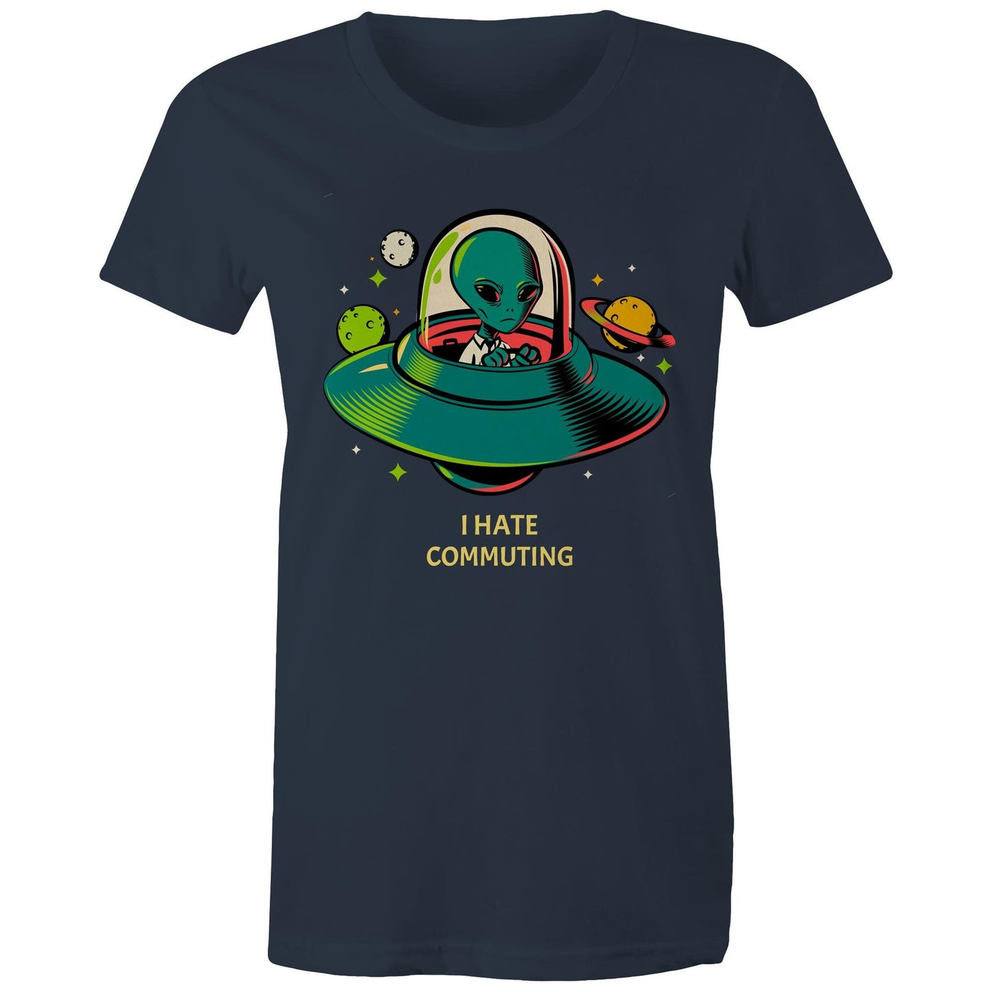 Alien Commute - Womens T-shirt Navy Womens T-shirt Printed In Australia Sci Fi