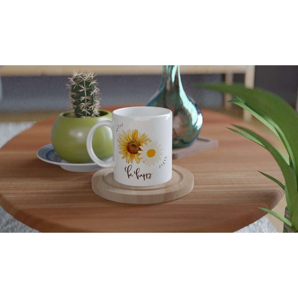 Be Happy - White 11oz Ceramic Mug White 11oz Mug Globally Fulfilled plant positivity