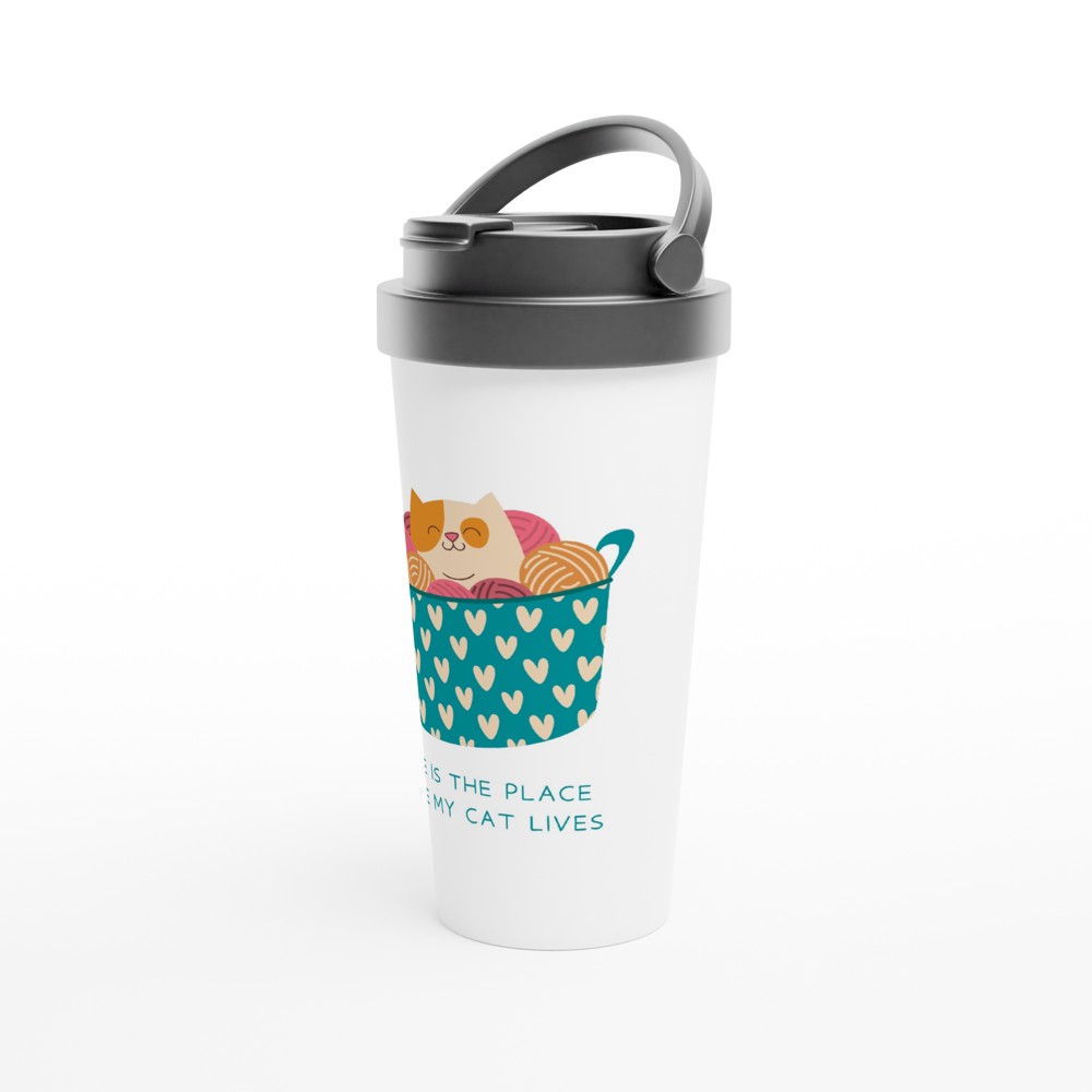 Home Is Where My Cat Lives - White 15oz Stainless Steel Travel Mug Travel Mug animal Globally Fulfilled